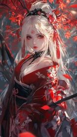 Blonde kimono figure amid red maple leaves in profile view.