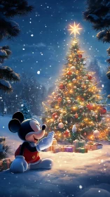 Cartoon mouse sits in snow looking at lit Christmas tree