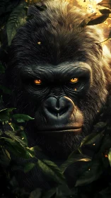Golden-eyed gorilla quietly watches from the glowing jungle