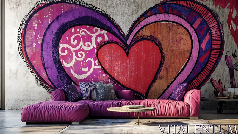 Contemporary loft lounge with oversized layered heart mural wall