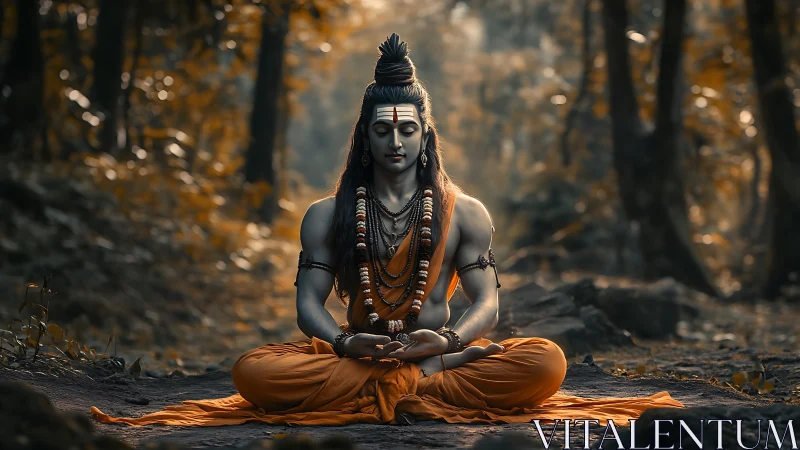 Meditating figure in orange robes within forest setting.