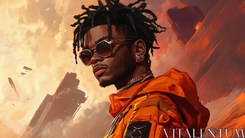 Stylish man in orange jacket in futuristic cityscape.