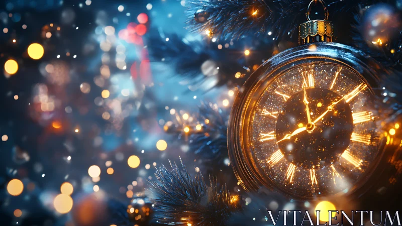Photorealistic festive pocket watch ornament with bokeh lighting.