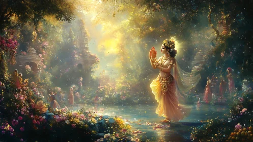 Ornate figure in floral riverside shrine landscape scene.