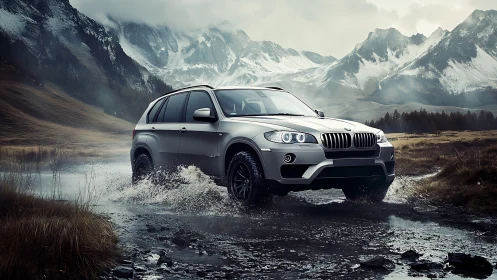 Bold silver SUV splashes through a wild mountain stream