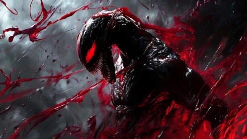 Digital painting of feral symbiotic entity in red kinetic eruption.