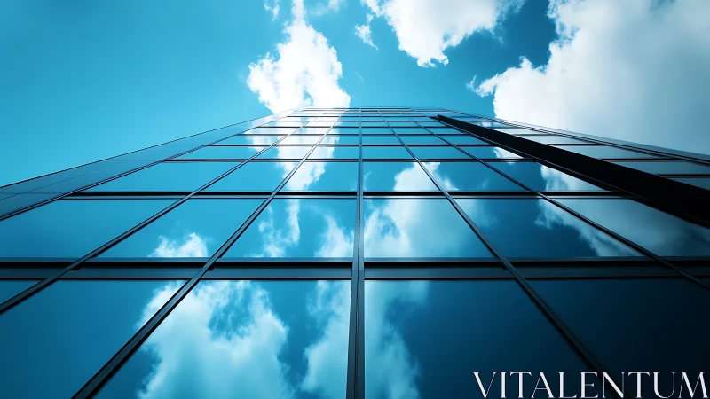 Glass tower fa&ccedil;ade mirroring vivid blue sky and clouds.