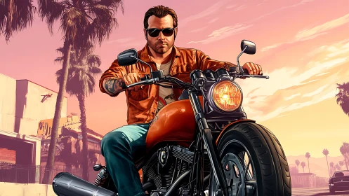 Biker rides custom motorcycle through neon sunset boulevard.