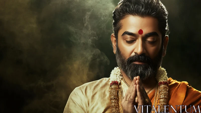 Serene priest in prayerful meditation under warm studio light.