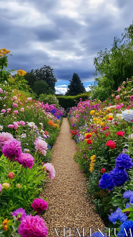 Vibrant flower garden pathway beneath dramatic sky