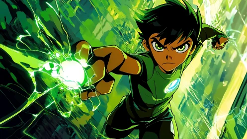 Teen hero with glowing energy sphere in dynamic green scene.