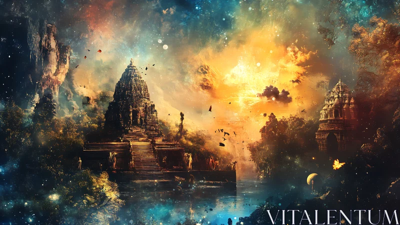 Starlit temple sanctuary glowing beneath a cosmic sky.