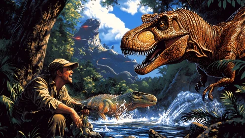 Laughing explorer trading roars with riverbank tyrannosaurs.