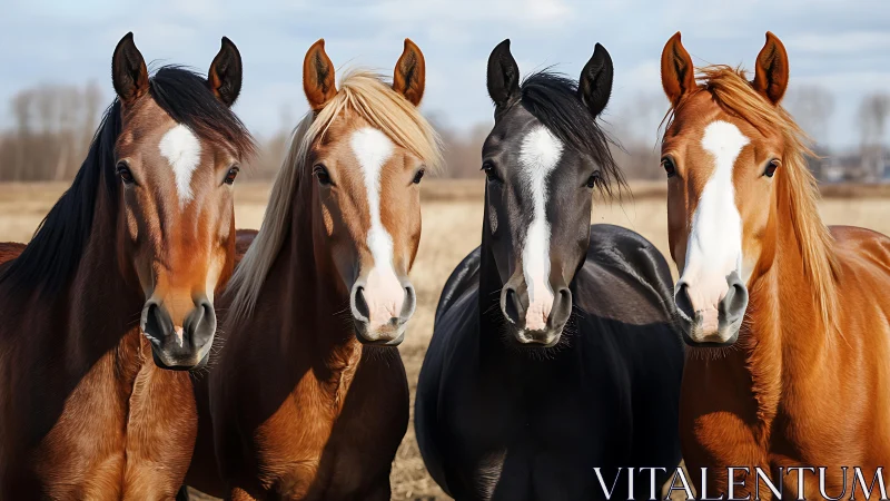 Four horses stand aligned in sharp natural daylight portrait