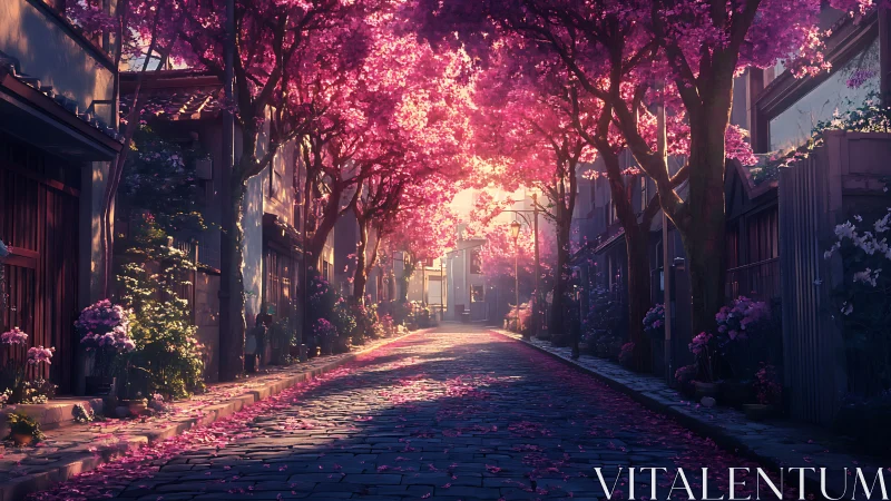 Cherry blossom avenue glows in dream-soaked evening light.