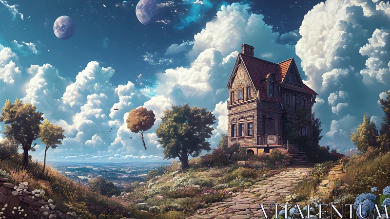 Victorian house crowns surreal hill under twin moons