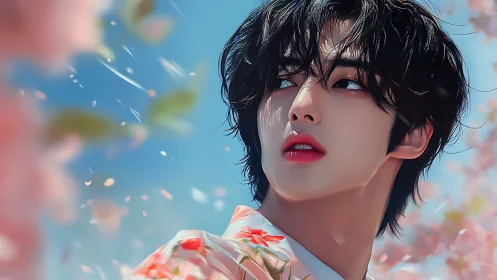 Digital portrait of young figure amid pastel blossoms.