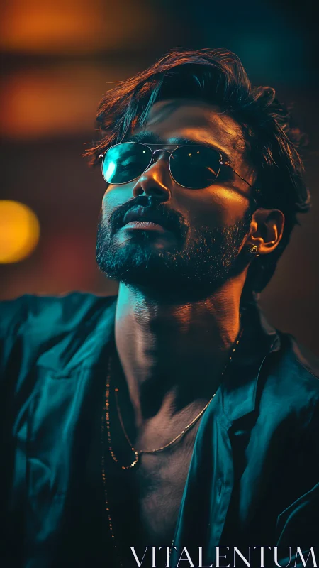 Moody portrait of stylish man in teal and amber light.