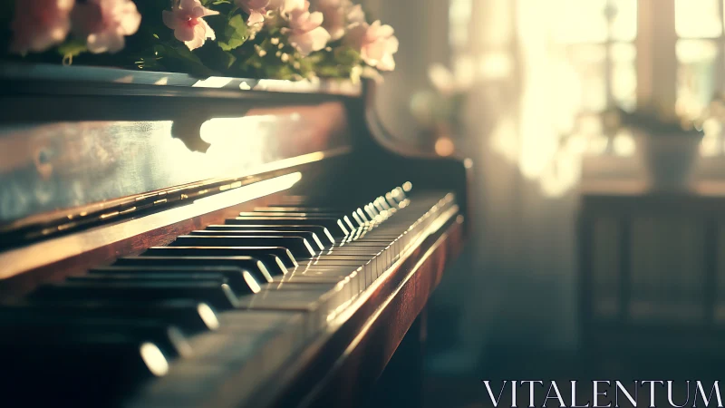 Upright piano keys in soft interior sunlight with flowers.
