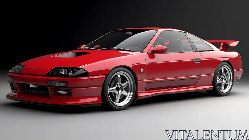 Red tuned sports coupe rendered in high-gloss 3D lighting study