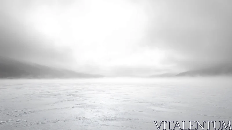 High-key frozen lake under diffuse fog-shrouded horizon light