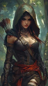 Hooded female archer in leather armor within forest setting.