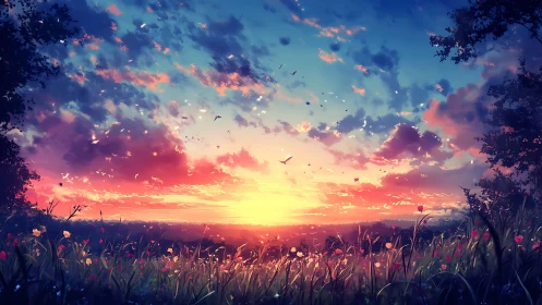 Sunset horizon glows over a wildflower meadow in bloom.