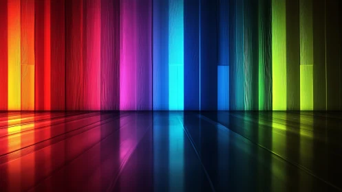 Rainbow light columns reflect across glossy floor plane.