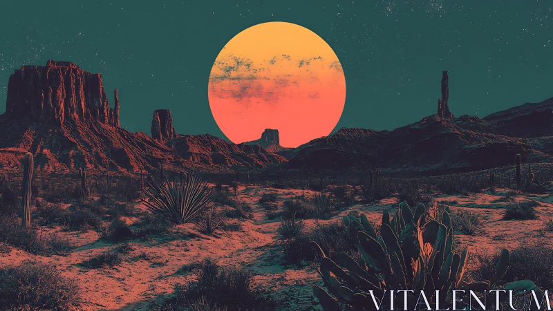 Surreal desert mesas under oversized neon moonrise glow.