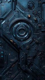Futuristic metallic circuit panel with central camera lens.