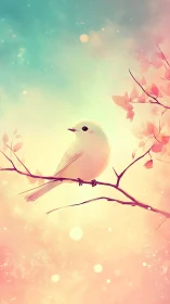 Pastel dawn songbird perched in cotton candy skies.