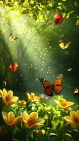 Sunlit butterflies drift gently above glowing yellow flowers