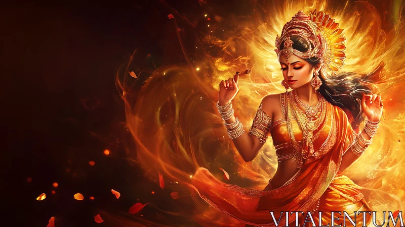 Radiant goddess figure dances within swirling volumetric fire halo