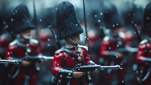 Toy guards in red uniforms stand in formation under snowfall