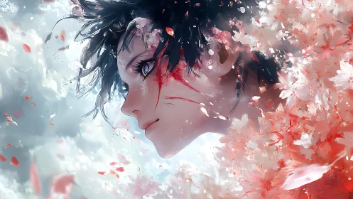 Petals in the wind, quiet strength in a knowing gaze.