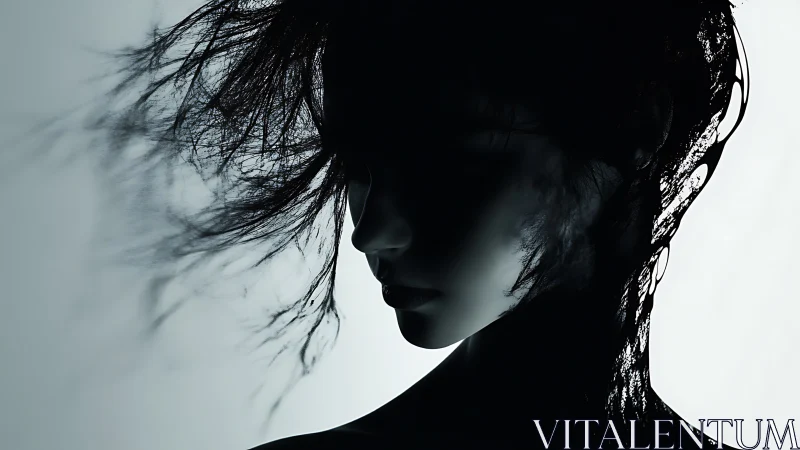 Shadowed cybernetic portrait merges human form and fluid ink.