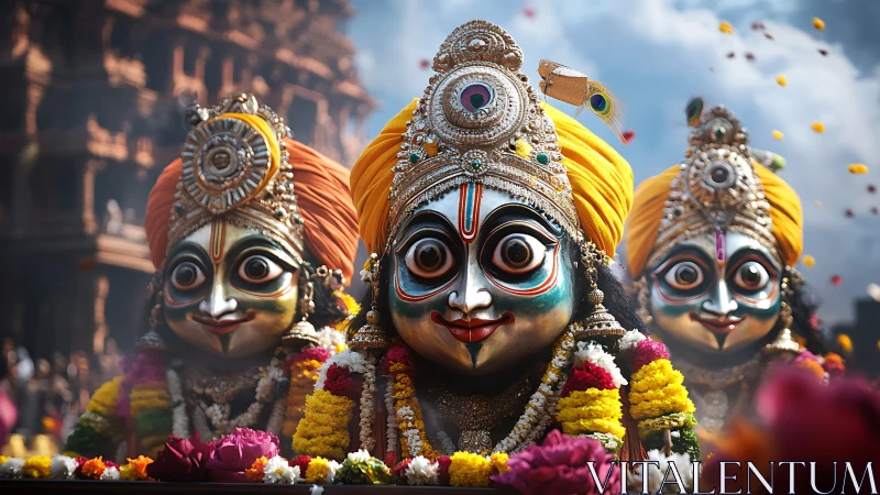 Wide-eyed festival deities parade in marigold thunderstorm.