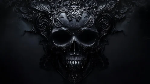 Baroque black skull with ornate swirling filigree forms.