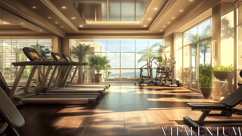 Modern waterfront fitness studio with cardio equipment interior.