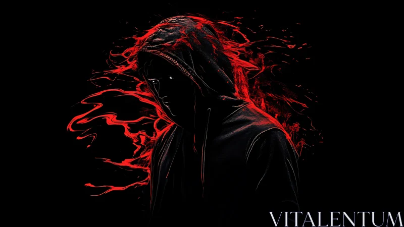Hooded cyber-silhouette with red fluidic energy dispersion.