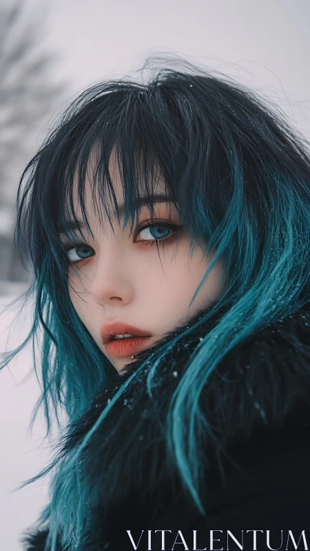 Snow-kissed teal-haired gaze against a hush-white winter hush.
