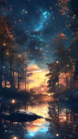 Enchanted forest river glows beneath a star-filled twilight sky