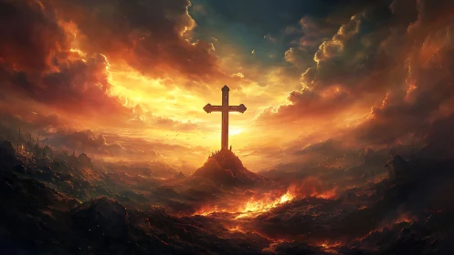 Cross on volcanic ridge under intense sunset sky.