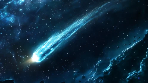 Luminous ice comet streaks through deep sapphire cosmos