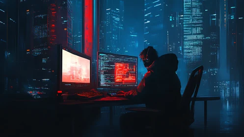 Hacker at dual monitors operates in neon-lit cyberpunk skyline node