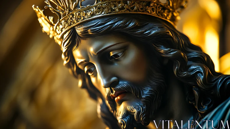 Crowned bronze king in cathedral glow of solemn splendor.