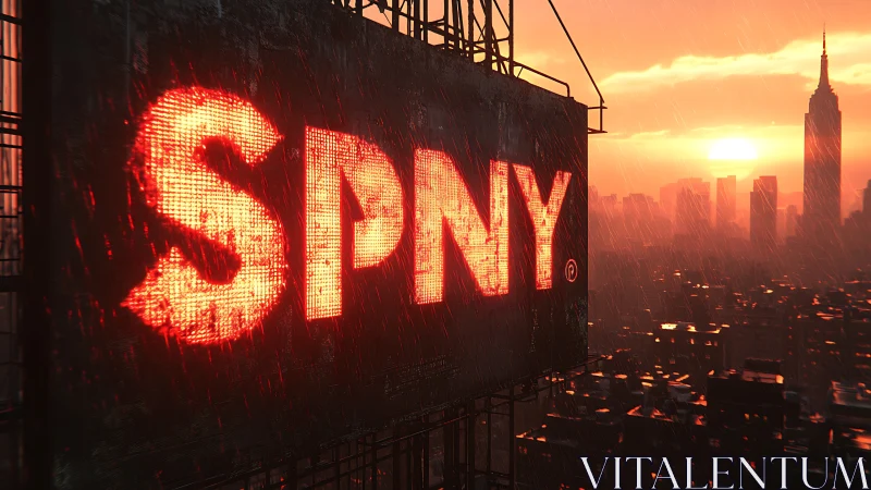 Neon SPNY billboard glows over rainy sunset cityscape.