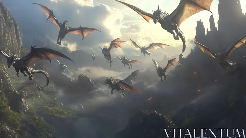 Twilight wingstorm of mountain dragons over burning valley.