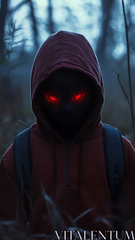 Hooded forest figure glares with ominous glowing red eyes.