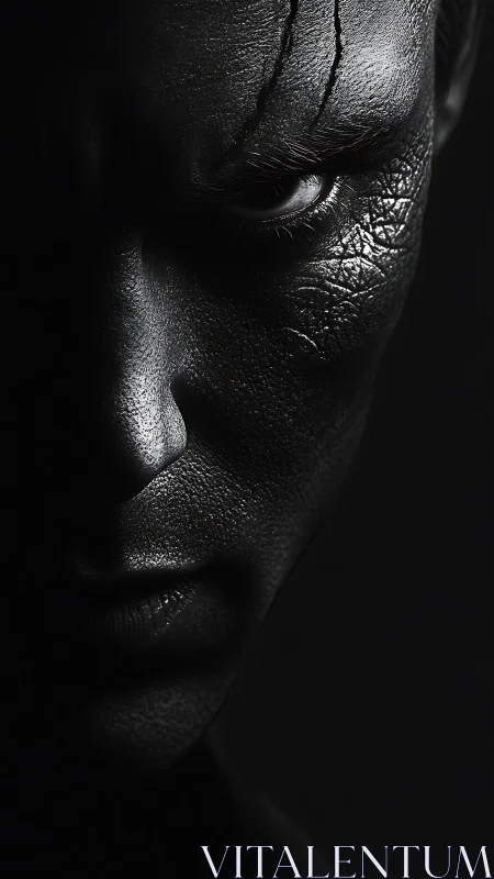 Photorealistic chiaroscuro portrait with scarred metallic skin.